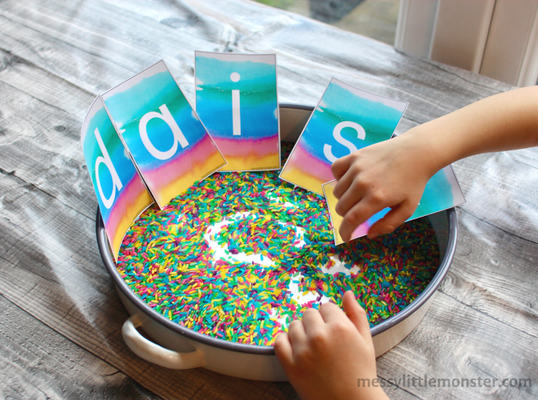 Colorful Rice Writing Sensory Bin